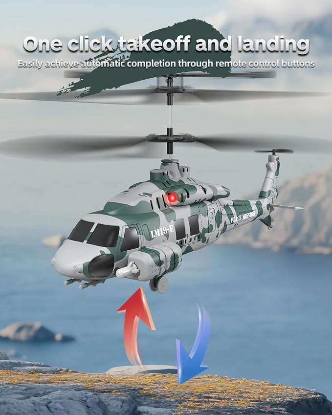 RC Helicopter LM19-E 2.4GHz Remote Control Helicopter with 10 Launchable Missiles LED Light Altitude Hold One-Key Take Off Indoor Friendly Army Toys for Birthday(2 Batteries)
