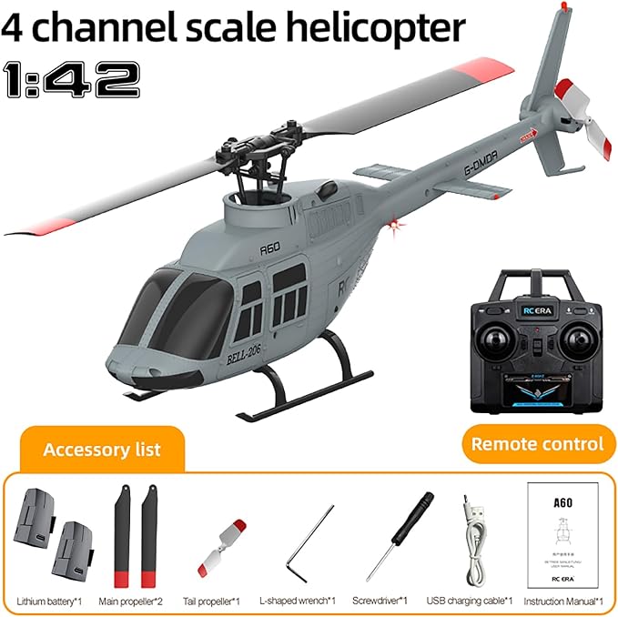 A60 206 Remote Controlled Helicopter Aircraft Plane 4CH RC Heli Aileronless 1/42 Scale 6-Axis Gyroscope Altitude Hovering Optical Flow Position 2Batteries for Adults Beginners/Grey