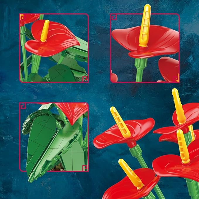 39120 Red Anthuriums Building Blocks Flower Set 732 Pieces of Floral and Plant Series Block Sets Adult Creative Enthusiast Model Gifts and Unique Collectibles Can be Used for Room Decoration