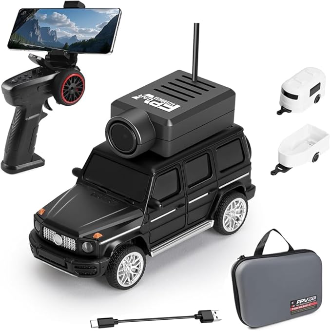 GoolRC WLtoys 6406-C Mini RC Car 2.4GHz 1:64 Scale FPV Remote Control Car with Camera 720P APP Control Rear Drive Vehicle with 2 Trailers and LED Lights for Adults (Black)