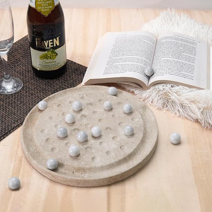 Marble Solitaire Board Game 10 Travertine Mind Game with 42 White Marble Balls Classic Puzzle Game for Family Modern Tabletop Brain Teaser