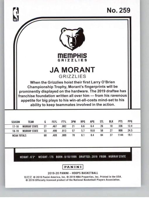 2019-20 Panini Hoops #259 Ja Morant Memphis Grizzlies RC Rookie NBA Basketball Trading Card