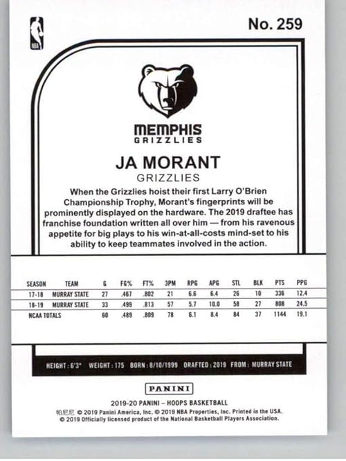2019-20 Panini Hoops #259 Ja Morant Memphis Grizzlies RC Rookie NBA Basketball Trading Card