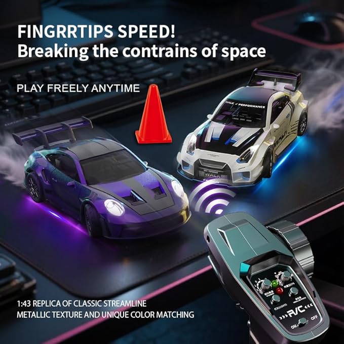 1:43 RC Drift Car D43-02 - 2.4G Full Proportional 4WD Alloy 20KM/H High Speed RC Racing Car with Gyro Silent Bearings Adjustable Speed &amp Lighting(Q9/Dark Gray/D43-02)