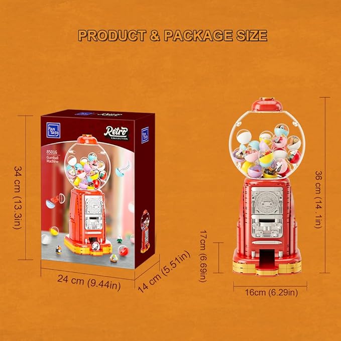 PANTASY Retro Gumball Machine Building Block Set with 12 Micro Building Blocks and 12 Lucky Notes for Multiple Gameplay Desktop Collectible-Quality Classic Gumball Machine Assembly Blocks Kit