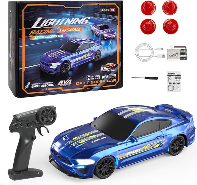 1:43 Scale Mini RC Drift Car 2.4GHz 4WD Desktop RC Drift Car 15KM/h Handheld Racing Mini Vehicle with LED Lights Speed Switching Racing Sport Toy for Adults Teens (Blue)