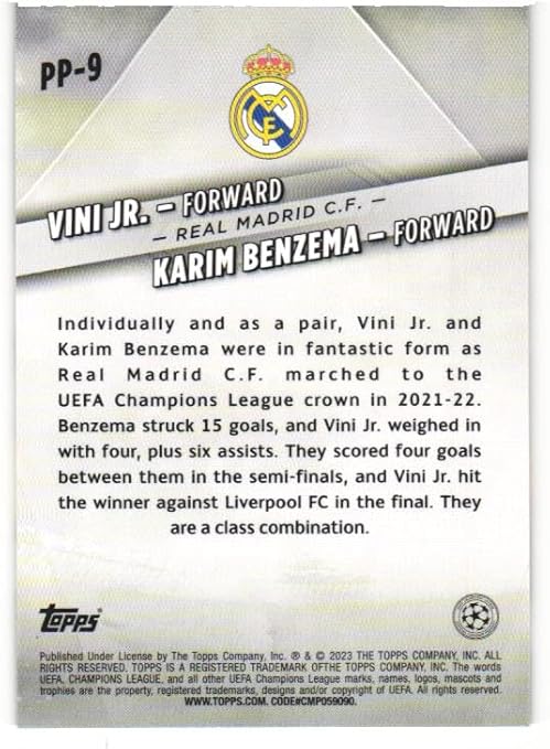 VINICIUS VINI JR JUNIOR Karim Benzema 2022-23 Topps UEFA Club Competitions Premium Partnerships Soccer Card #PP-9 Brazil Real Madrid CF France Al-Ittihad