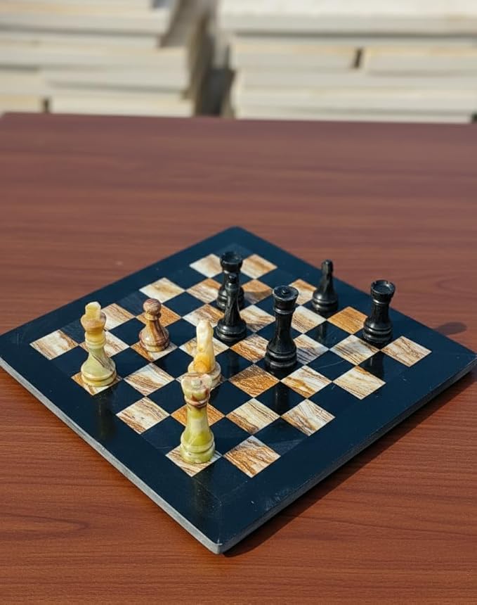Large Handmade Full Chess Set Marble Chess Board 32 Chess Game Pieces Unique Home décor. Handcrafted Tournament Chess Board - 2 Players. (Black MultiGreen)