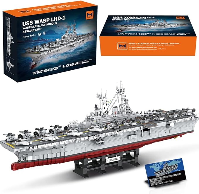 MISINI M7024 Wasp-Class Amphibious Assault Ship Building Kit1/300 Scale 5220 PCS US Navy Warship Model with Display Stand Large Ship Building Blocks Set for Adults &amp Teens