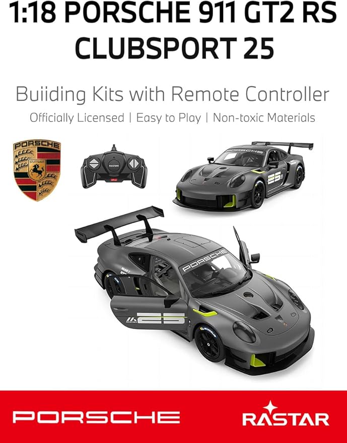 RASTAR 99600 1/18 76PCS Officially Licensed RC Race Car Building Kits for Porsche 911 GT2 RS Clubsport 25 with Opening Doors Working Lights Remote Motor &amp DIY Decals for Play &amp Display - Id