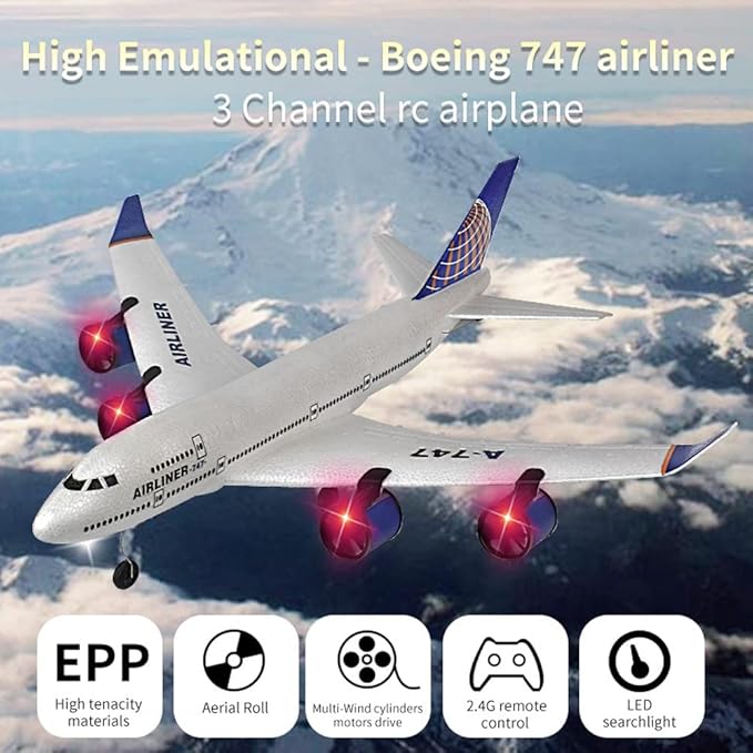 RC Plane Simulation A-747 Passenger Aircraft 2.4GHZ Rc Aircraft Glider 360° Rollover Automatic Gyroscope Balance Airplane 3-Channel Fixed-Wing RC Drone Toy with LED Searchlight