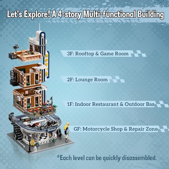 PANTASY Retro Motorcycle Diner &amp Bar Building Set - Modular Street Corner Architecture Kit with Interactive Doors Openable Walls 4 Motorcycles &amp 5 Exclusive Minifigures for Display &amp Pla