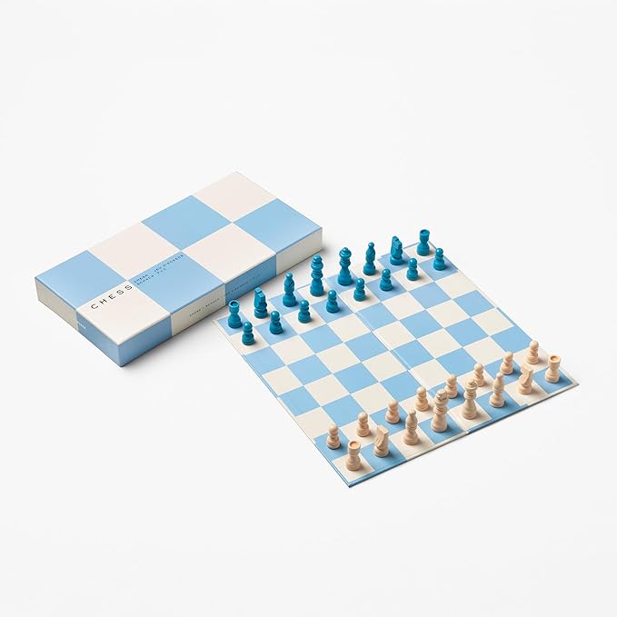 Printworks Play Chess – Blue Wooden Chess Set with Foldable Cardboard Board – Fun Coffee Table Game for Adults – Multilingual Instructions Included