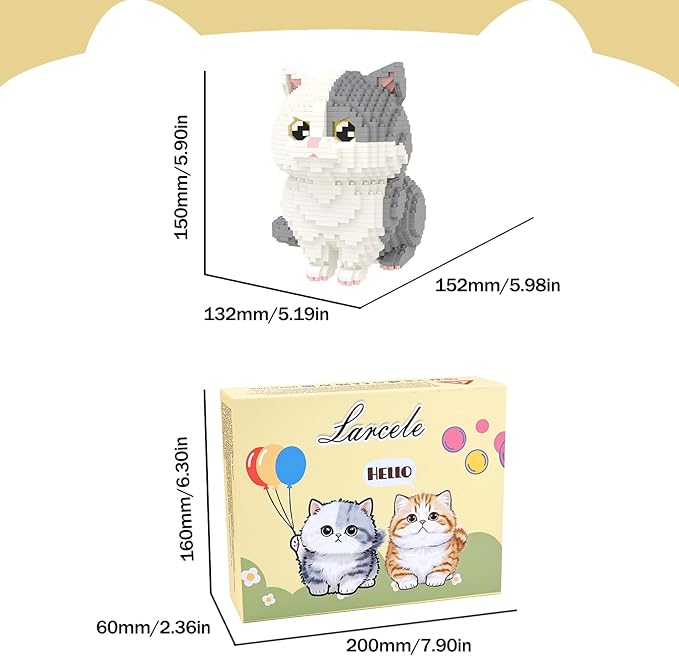 Larcele Micro Building Blocks Set DIY Mini Building Toy Bricks for Age Over 12 Years 1412 Pieces KLJM-05 (Munchkin Cat-Grey)