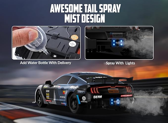 RACENT 1:16 RC Drift Car 2.4Ghz 4WD 18KM/H Remote Control Car with Spray Mist Racing and Drifting Wheels LED Light 2 Batteries Sport Model Toys Vehicle for Kids Boys Adults