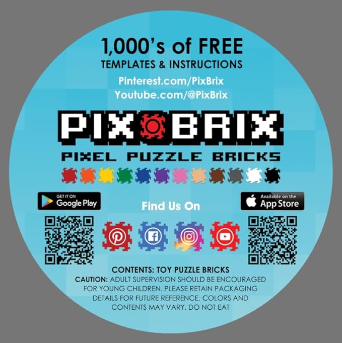 Pix Brix Pixel Art kit Puzzle Bucket - 1500-Piece Kit with 12-Color Light Palette – Patented Interlocking Building Bricks for 2D and 3D Creations – STEM Toy for Ages 6+