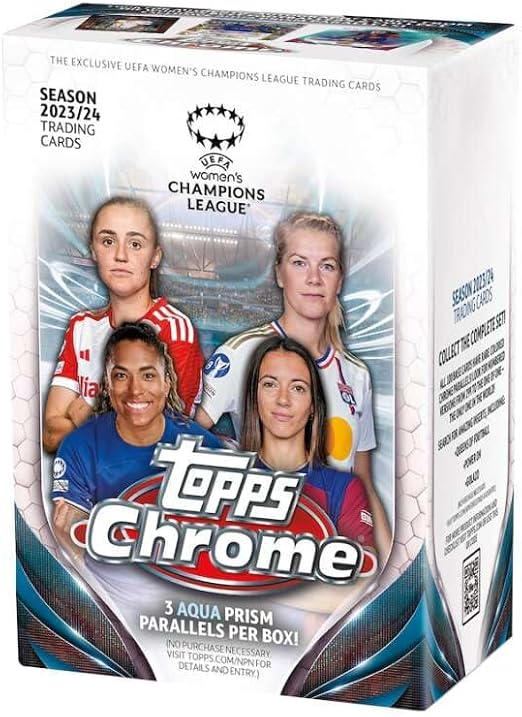 2023-24 Topps Chrome Women's UEFA Champions League Factory Sealed Blaster Box (3 Aqua Prism Refractors) - Look for exciting players like Lindsay Horan Aitana Bonmati and Alexia Putellas