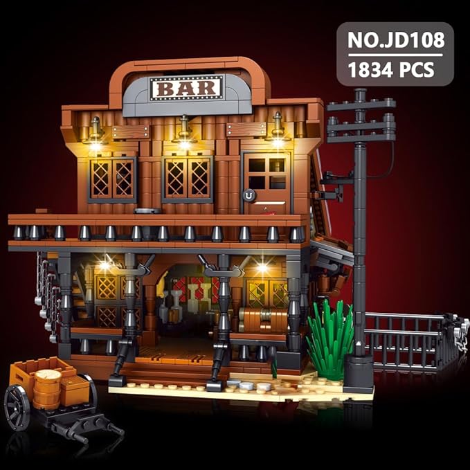 39116 Cowboy Town Bar Building Set with LED Lights 1834 PCS Wild West Saloon Modular Architecture Model Kit for Adults Western Street Scene