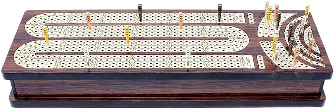 House of Cribbage - Continuous Cribbage Board/Box Inlaid in Rosewood/Maple : 4 Track - Side Drawers with Score Marking Fields for Skunks Corners and Won Games