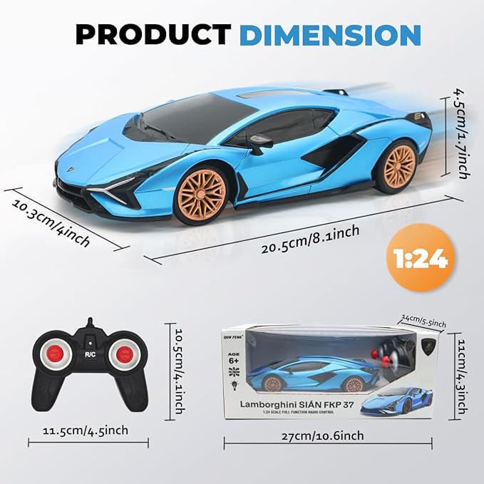 QUN XING Remote Control Car 1:24 Officially Licensed 2.4GHZ Rc Cars Lambo Sport Racing Toy Car for Kids Boys 4-7 Years Birthday Gift Blue