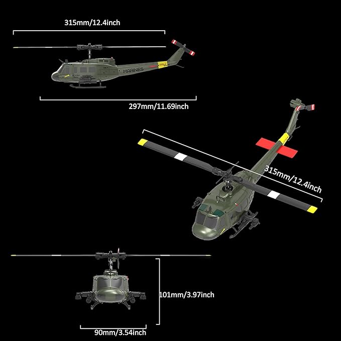 RC ERA C032 UH-1 Huey Helicopter - Remote Control Helicopters for Adult 1/48 Sacle 2.4G 6CH Gyro Stabilized Aircraft with Altitude Hold &amp Optical Flow3D Stunt Drone (Yellow)