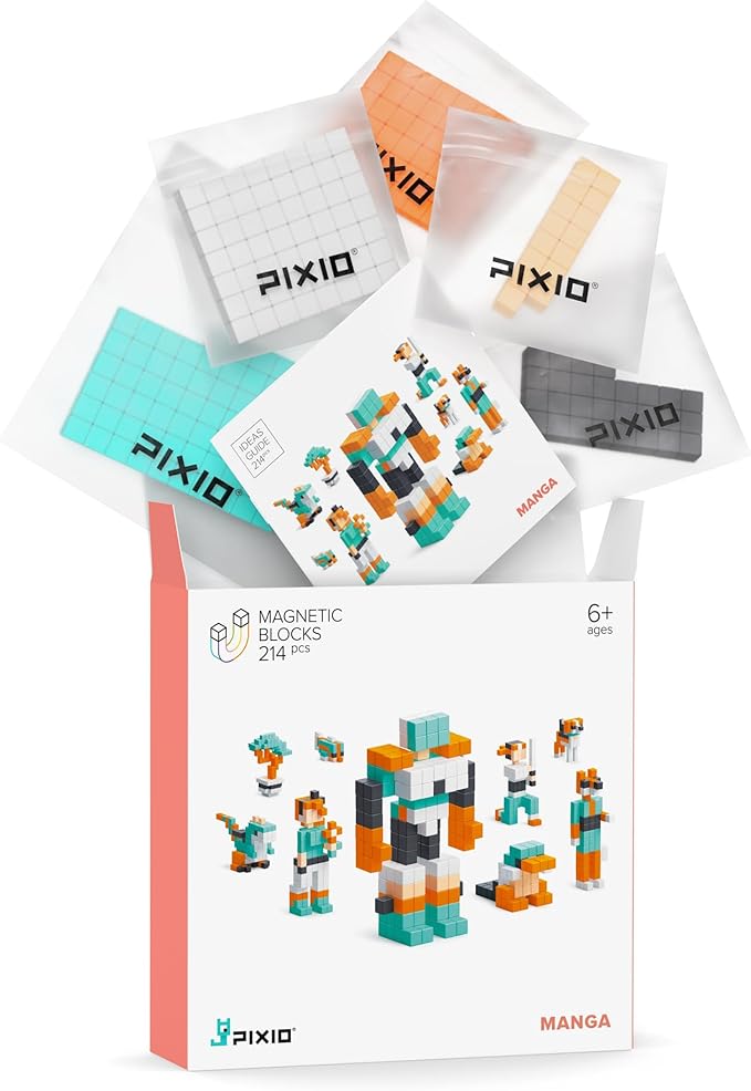 PIXIO Manga - Tiny Magnetic Blocks Building Toy in The Pixel Art Style with Free App - 5/16 Plastic Cubes with 6 Magnets Inside - Open Ended Toy - Creativity kit for Ages 6+