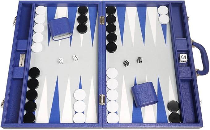 19-inch Premium Backgammon Set - Large Size - Indigo Blue Board White and Navy Blue Points