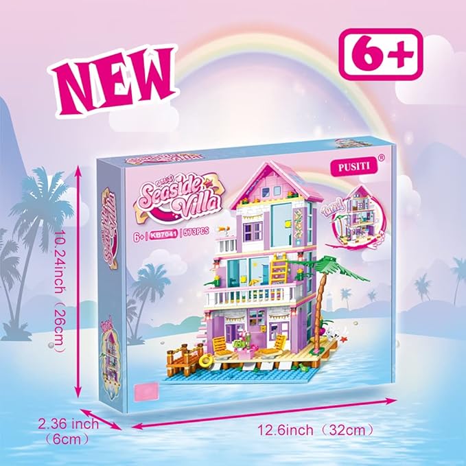 Seaside Villa Building Set 573 Pieces Toys for Girls Building Blocks House Beach Villa Construction Bricks Holiday Cottage Bricks Toys for Girls Age 6+