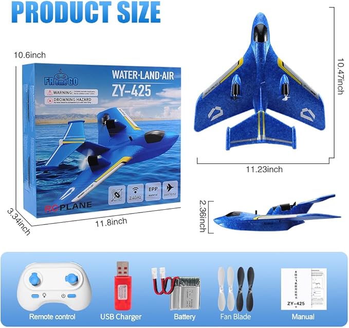 RC Water PlaneRC Airplane for Water Land and Air Remote Control Airplane Flying Fighter Toys2.4GHz 6-axis Gyro Stabilizer RTF Glider Aircraft Jet for Kids Adults Beginners Boys (Blue)