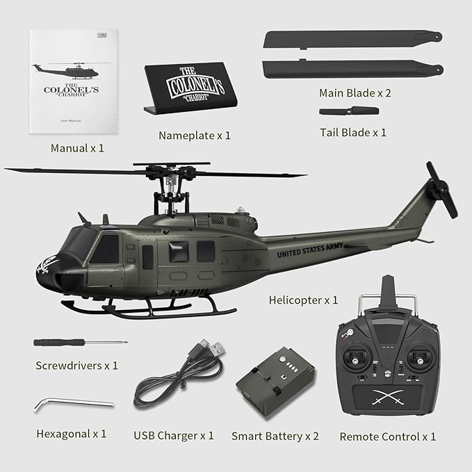 Carmanon UH-1 RC Helicopter - Huey Collectable Remote Control Helicopter with Auto-Hover for Adults Beginners 1/27 Scale 2 Batteries