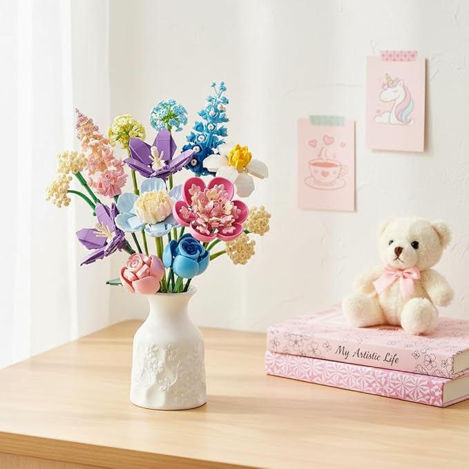 Spring Flowers Bouquet Building Set Botanicals Collection Artificial Flower Rose Peony Narcissus Balloon Flowers Flower Arrangement Art Home Decor Gift for Girls Women