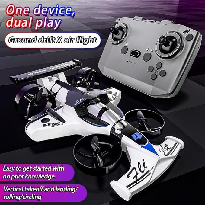 Racing car and drone combination remote-controlled flying car foam material. Features include one-key takeoff stable hovering racing mode and 360° aerial flips. An ideal and fun birthday gift.