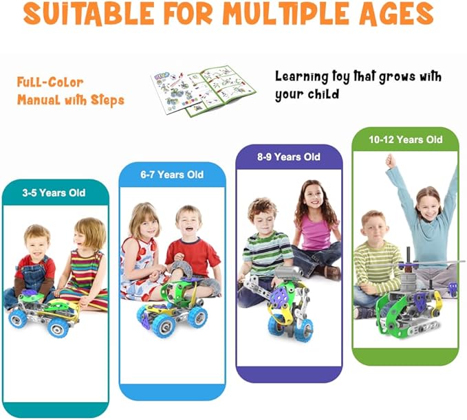 107Pcs Motorized Erector Sets for Kids Ages 4 5 6 7 8+STEM Building Toys for Boys Girls 3-5 4-8 5-7 6-8 Year OldEngineering KitElectric MotorCreative Educational Gift Learning Activities
