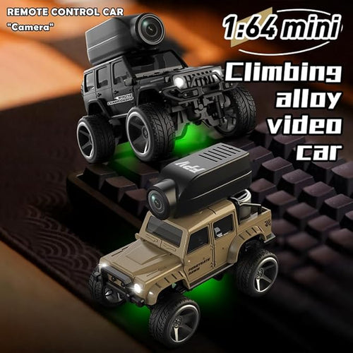 1:64 Mini Alloy Video RC Car – APP &amp Remote Control Built-in Camera for Real-Time Viewing Shock-Absorbing Climbing Design LED Lights 30m Range &amp 15min Runtime（Black）