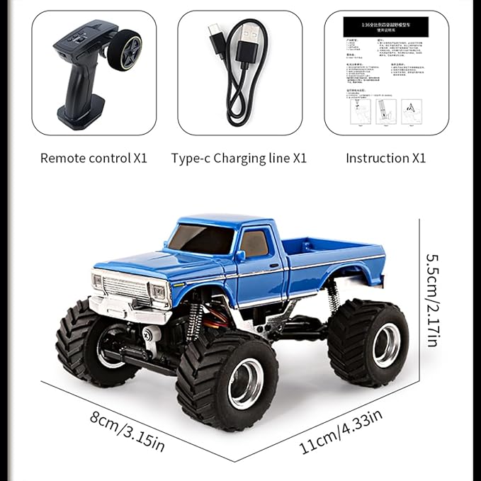 RC Crawler Truck 1/36 Scale 2.4G 4WD Full Proportional RC Off-Road Car Model with Realistic LED Lights Long Battery Life Hobby Car Gift for Adults (RTR Version/Blue)