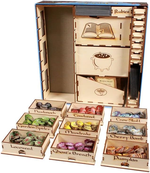 The Broken Token Game Organizer Compatible with Quacks of Quedlinburg - Wooden Game Organizing Box with Multiple Trays