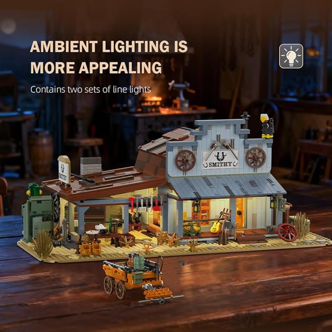 39077 Western Blacksmith Shop Building Block Set Equipped with LED Lights 2718 Pieces Shop Building Model Building Block Kit Adult Creative Enthusiast Model Gifts and Unique Collectibles
