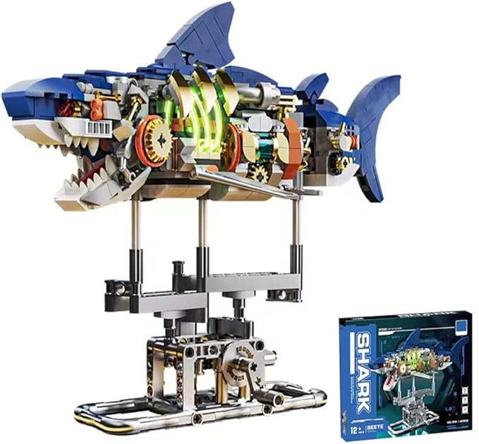 Mechanical Shark Building Set for Boys 12-20 with LED Light and Display Stand 687 PCS Rotatable Function Sea Animal STEM Toy Home Decor Gift Adults Teens Kids Boys Ages
