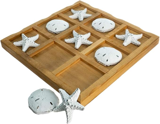 Starfish Tic Tac Toe Game - 9 x 9 - Beach Tic Tac Toe Game - Coastal Beach House Coffee Table Game Board - Tic Tac Toe Decor - Beach House Games - White Starfish &amp Sand Dollars