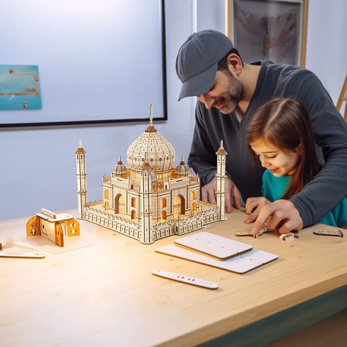 3D Wooden Puzzle Architecture Building Taj Mahal Model Craft STEM Kit LED Light DIY Home Decoration Mother's Day Birthday Gift for Adults &amp Kids (Taj Mahal)