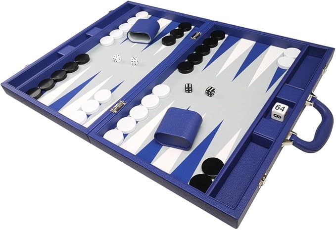 19-inch Premium Backgammon Set - Large Size - Indigo Blue Board White and Navy Blue Points