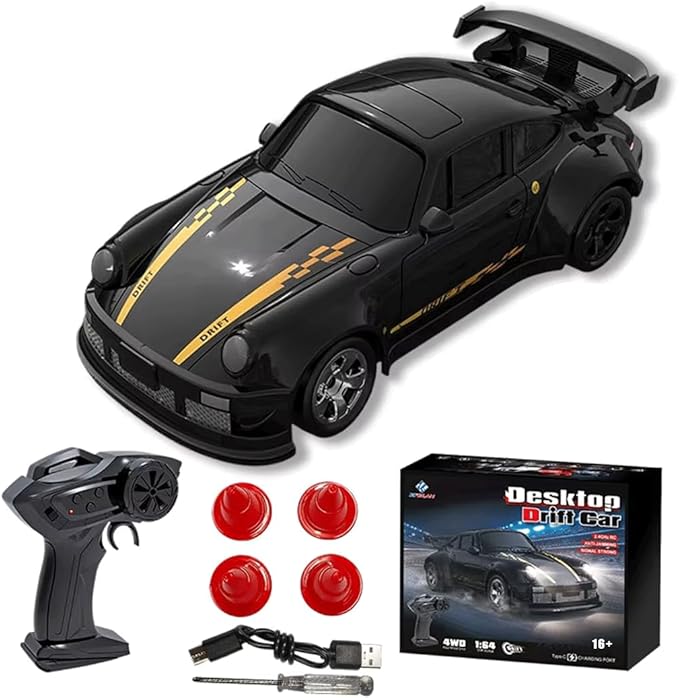 1/64 Scale Mini RC Drift Car 2.4Ghz High Speed 4WD Full-Scale Throttle Drift Racing Sport Remote Control Car Desktop Gift for Adults Enthusiasts -Black