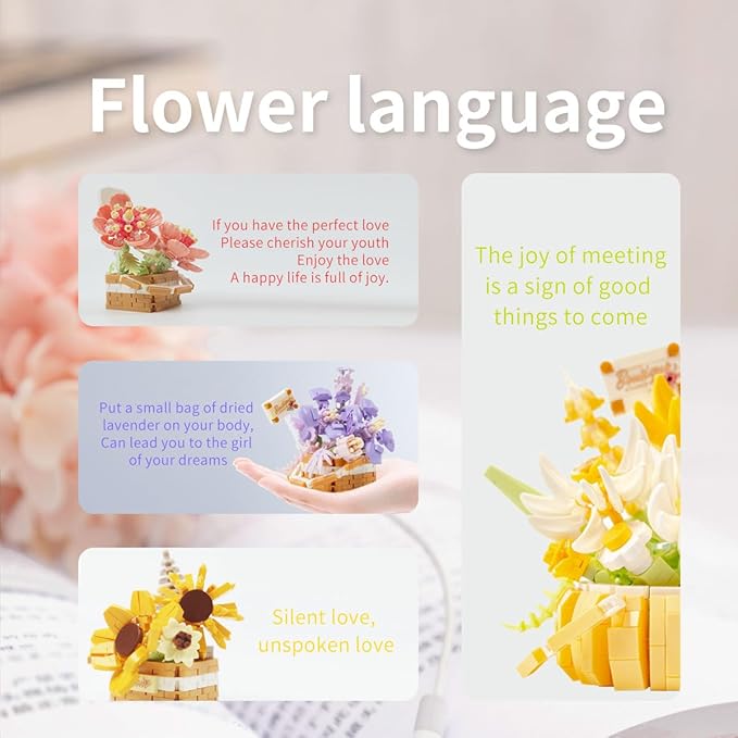 Miniature Flower Bouquet Building Blocks Set DIY Bonsai Basket Kit Artificial Flowers Botanical Collection Toys Home Shelf Decor for Adults &amp Teens (4 Sets)