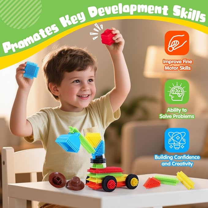 teytoy 200Pcs Building Blocks Toys Bristle Shape Building Blocks Set STEM Interlocking Construction Learning Toys for Kids Ages 3+