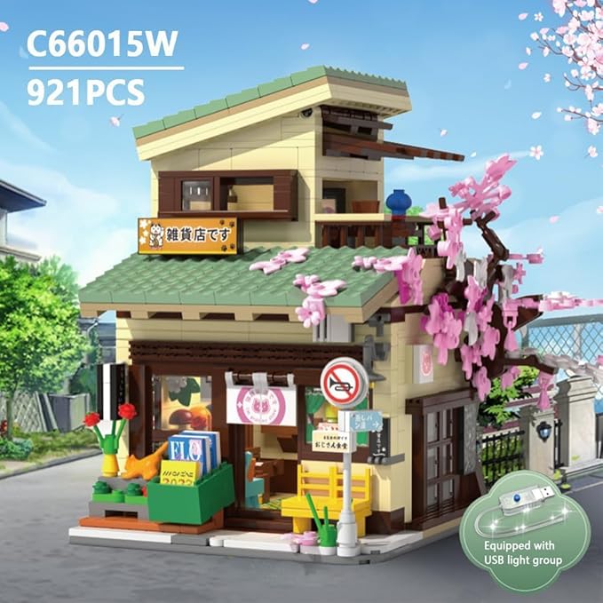 Japanese Cat's Grocery Shop Building Block Set MOC Modular Street View Series House with 1 Figure &amp LED Light Model House Idea Gift for Teens and Adults(921 pcs)