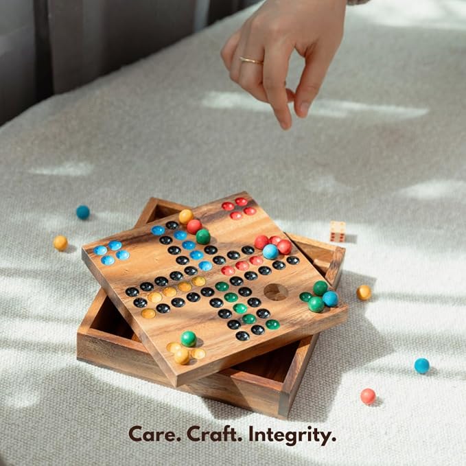 Premium Wooden Ludo Board Game – Handcrafted Travel-Size Game Set by SiamMandalay – 16 cm Compact Design with Dice &amp 16 Colorful Playing Pieces – Classic Strategy Game for Adults and Teenagers