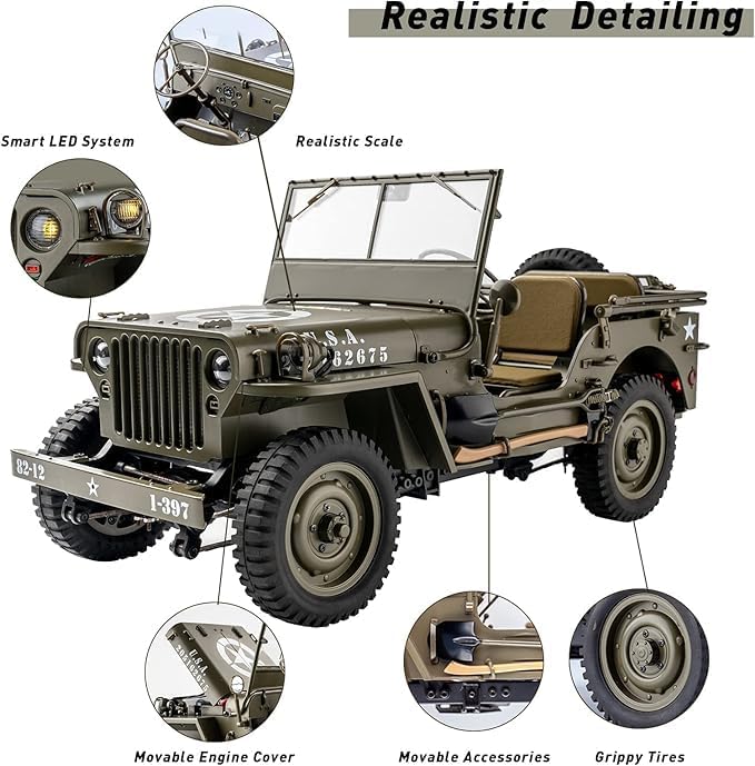 Rochobby FMS 1/12 1941 MB Scaler RC Jeep 4x4 Hobby Grade RTR RC Car Mini RC Rock Crawler Army Military 2.4Ghz RC Truck with LED Lights Battery and USB Charger for Adults