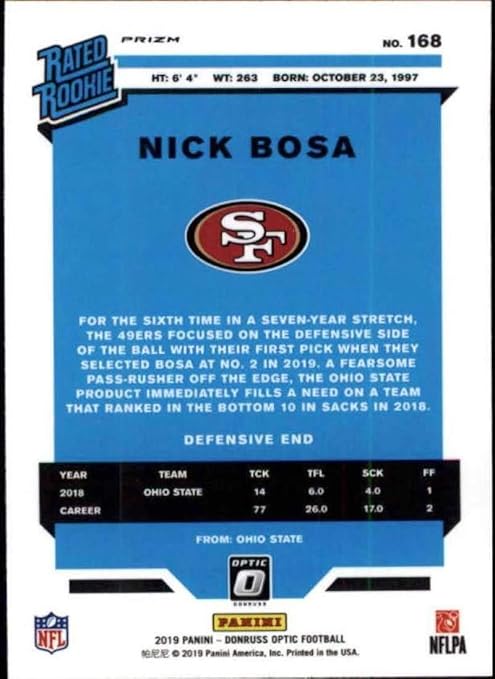 2019 Donruss Optic Holo #168 Nick Bosa San Francisco 49ers RC Rookie NFL Football Trading Card
