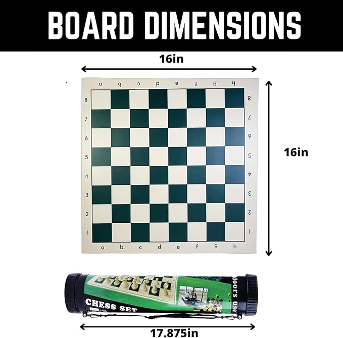 Tournament Chess Set: Portable Plastic Tube Roll Foldable Vinyl Chess Board (Green 16X16IN 2 Players All Ages)