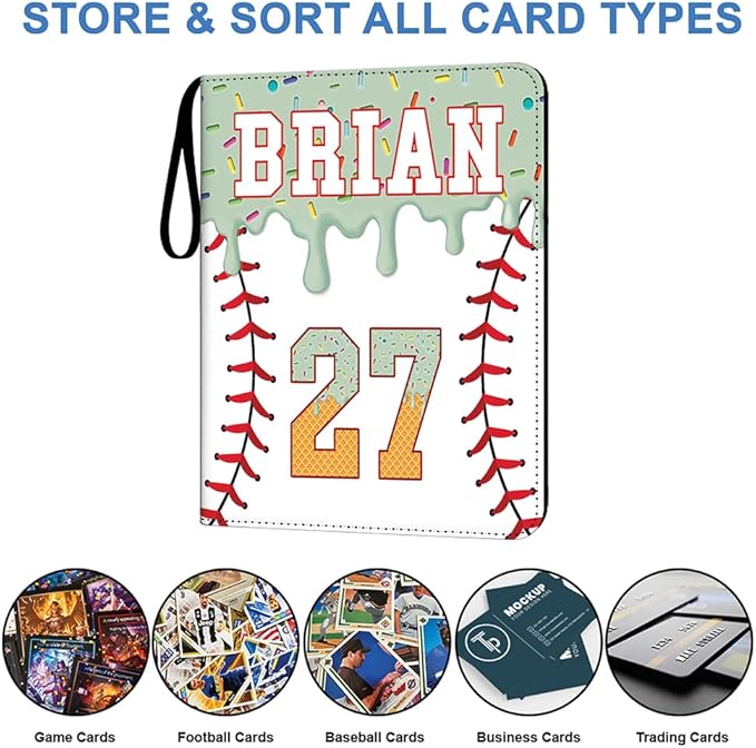 Personalized Ice Cream Drip Baseball Card Binder with Name &amp Number – Zipper Trading Card Album with Handle – Collector Case for Players &amp Fans (Ice Cream Drip Art #4)